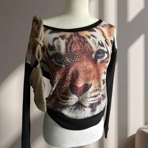 Women’s Black Tiger Print Long-Sleeve Top with Embellishments